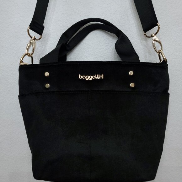 Baggallini Mini Carryall Tote Crossbody Bag Black Velvet With Gold Hardware - Picture 4 of 12